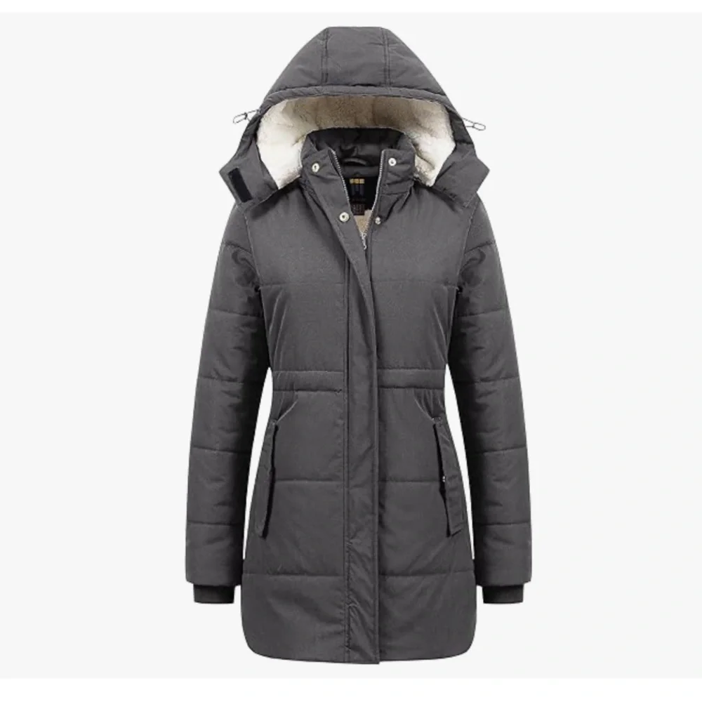 NWT Gray Puffer Jacket with Removable Hood and Quilted Design and Sherpa inside